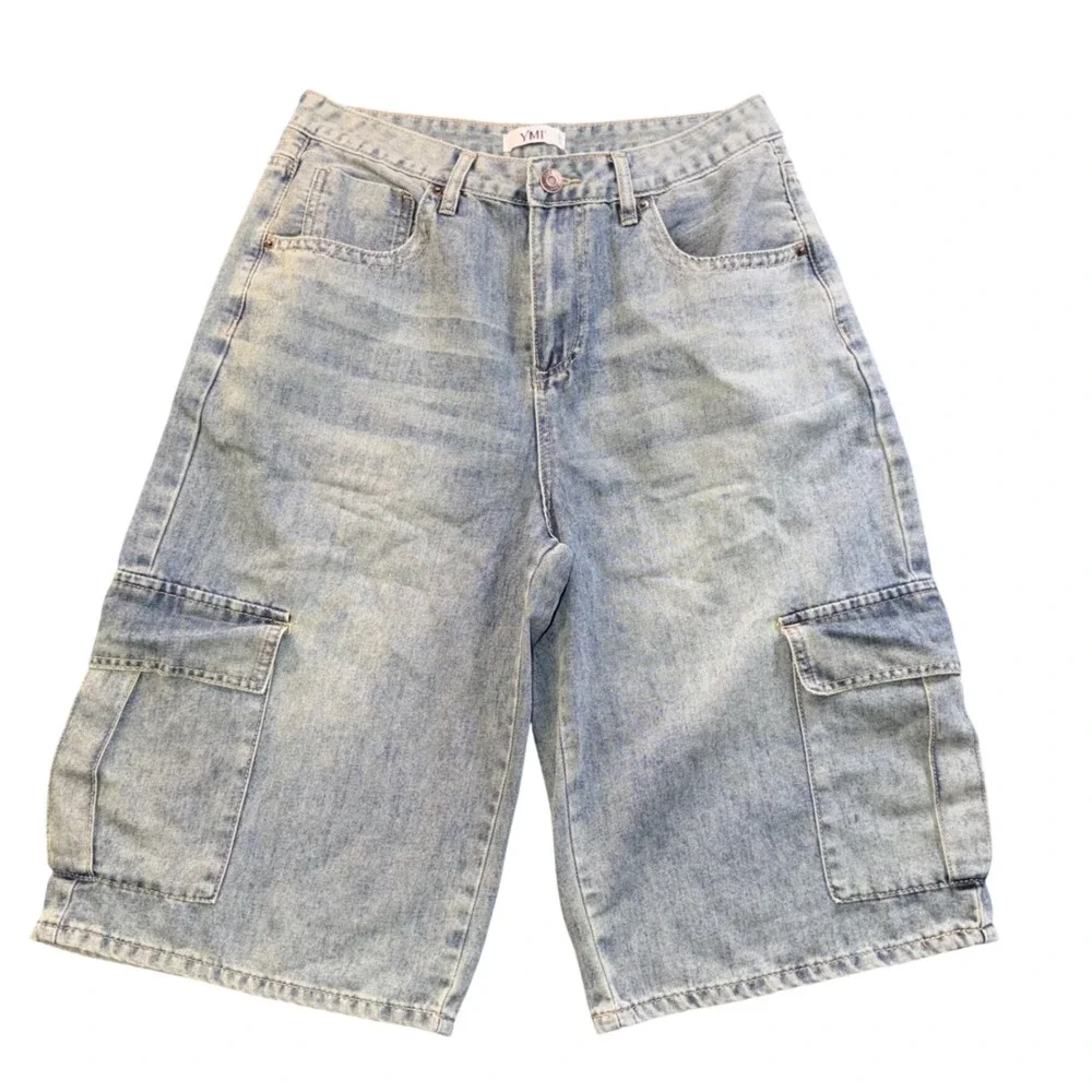 YMI Jort Womens Light Wash Denim Cargo Shorts Wide Leg Blue High Rise Size 29